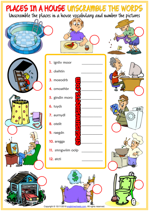 Places in a House ESL Unscramble the Words Worksheet