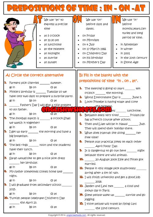 prepositions of time in on at esl worksheet
