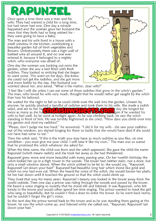 Rapunzel ESL Reading Text Worksheet For Kids