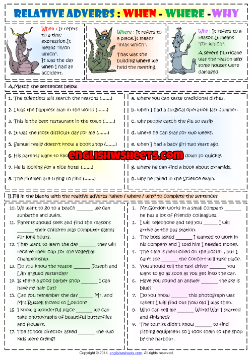 Relative Adverbs When Where Why ESL Exercises Worksheet