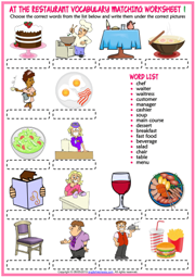Restaurant Vocabulary ESL Matching Exercise Worksheets