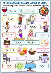 Restaurant Vocabulary Missing Letters In Words Worksheets