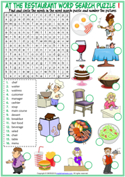 Restaurant Vocabulary ESL Word Search Puzzle Worksheets