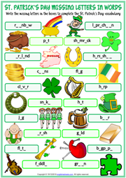 St. Patrick's Day ESL Missing Letters In Words Worksheet