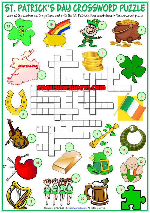 St. Patrick's Day ESL Crossword Puzzle Worksheet for Kids
