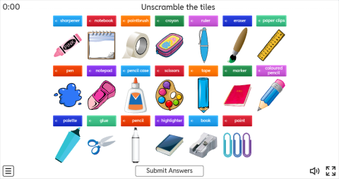 School Supplies ESL Interactive Unscramble Worksheet