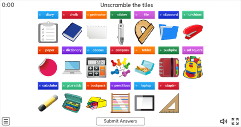 School Supplies ESL Interactive Unscramble Worksheet