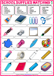 School Supplies ESL Matching Exercise Worksheets