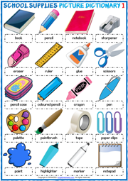 School Supplies ESL Printable Picture Dictionary Worksheets