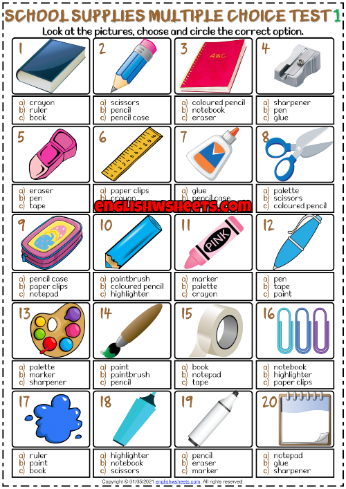 School Supplies ESL Printable Multiple Choice Tests
