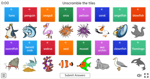 Sea Animals ESL Interactive Unscramble Worksheet