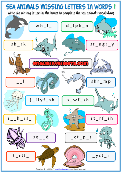 Sea Animals Missing Letters In Words Exercise Worksheets