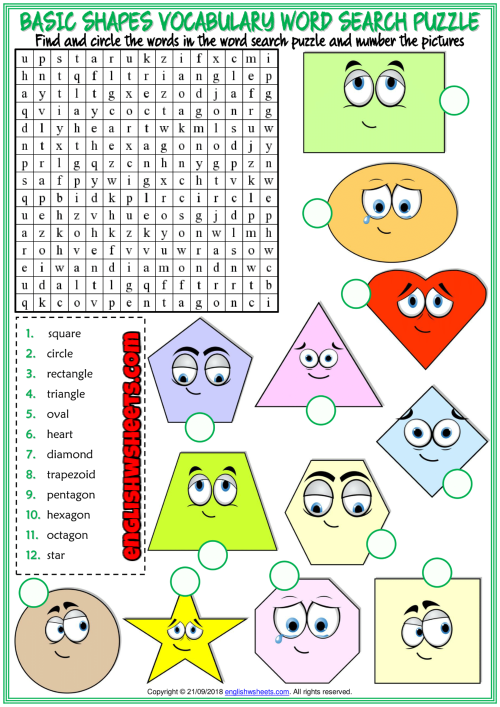 Shapes ESL Printable Word Search Puzzle Worksheet For Kids