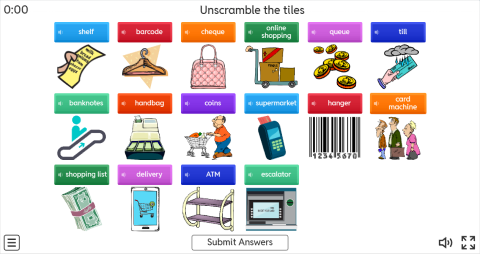 Shopping ESL Interactive Unscramble Worksheet