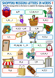 Shopping Vocabulary Missing Letters In Words Worksheets