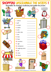 Shopping Vocabulary ESL Unscramble the Words Worksheets