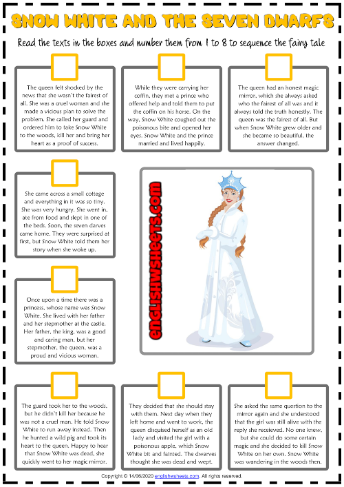 Snow White and the Seven Dwarfs ESL Sequencing the Story Worksheet