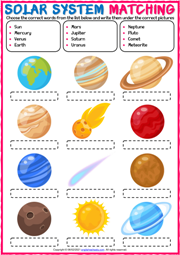 Solar System ESL Vocabulary Matching Exercise Worksheet