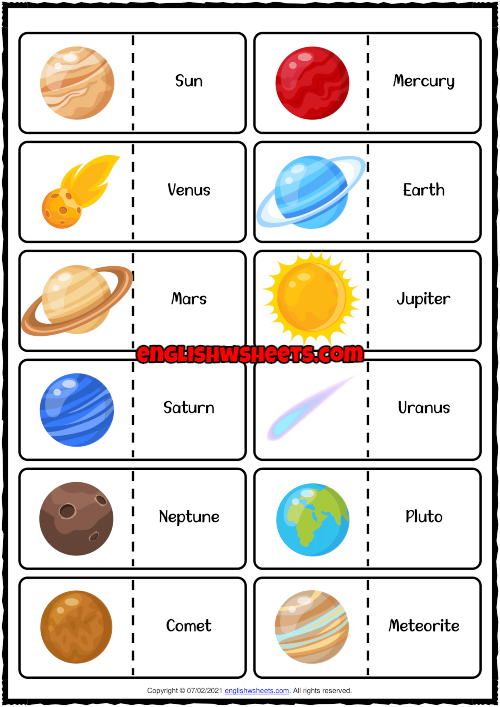 Solar System ESL Printable Dominoes Game For Kids