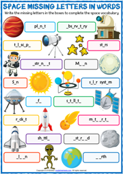 Space Vocabulary ESL Missing Letters In Words Exercise Worksheet