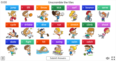 Sports Verbs ESL Interactive Unscramble Worksheet