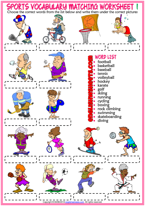 Sports Vocabulary Matching Exercise Worksheets For Kids