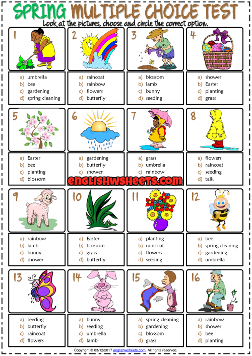 Spring ESL Printable Multiple Choice Test For Kids