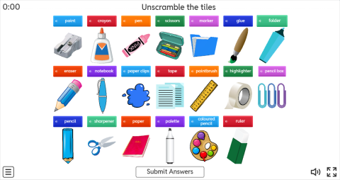 Stationery Objects ESL Interactive Unscramble Worksheet