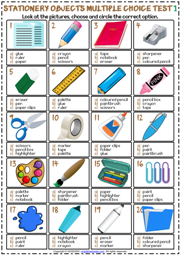 Stationery Objects ESL Printable Multiple Choice Tests