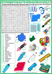 Stationery Objects ESL Word Search Puzzle Worksheets