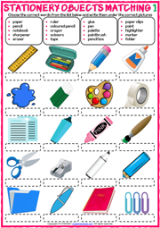 stationery objects esl matching exercise worksheets
