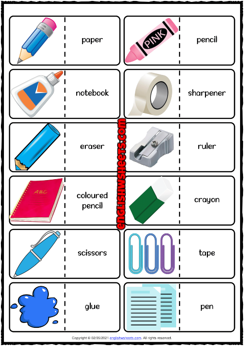 Stationery Objects ESL Printable Dominoes Games