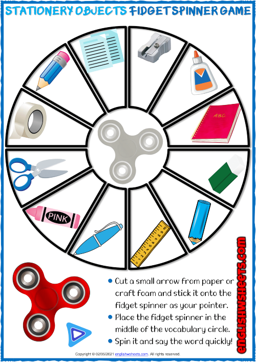 Stationery Objects ESL Printable Fidget Spinner Games