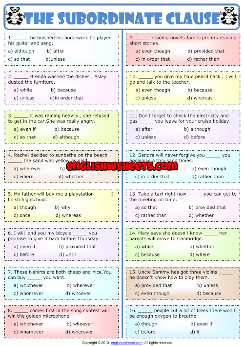 subordinate-conjunctions-multiple-choice-test-worksheet