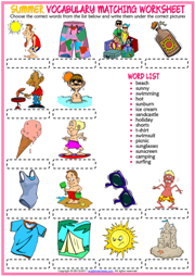 Summer ESL Vocabulary Matching Exercise Worksheet