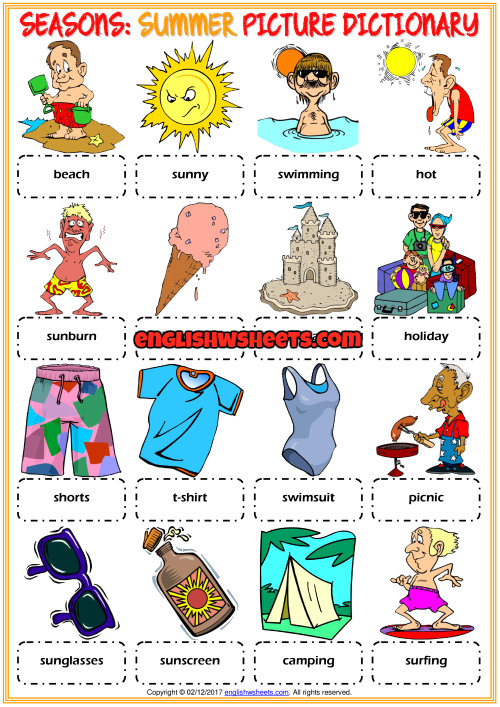 summer esl printable picture dictionary worksheet for kids