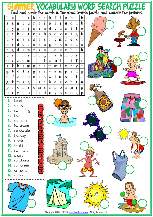 summer esl printable word search puzzle worksheet
