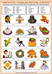 Thanksgiving ESL Vocabulary Matching Exercise Worksheet For Kids