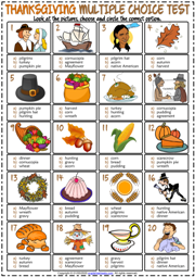 Thanksgiving ESL Printable Multiple Choice Test For Kids