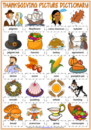 Thanksgiving ESL Printable Picture Dictionary Worksheet For Kids