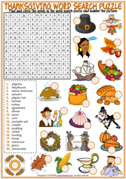 Thanksgiving ESL Printable Word Search Puzzle Worksheet For Kids