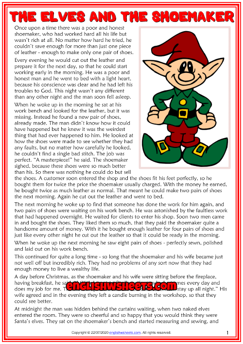 The Elves and the Shoemaker ESL Reading Text Worksheet For Kids