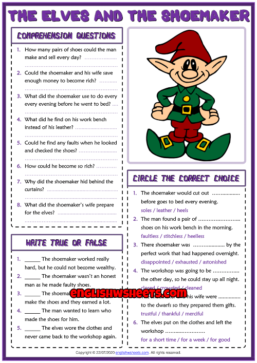 The Elves and the Shoemaker ESL Reading Comprehension Questions Worksheet