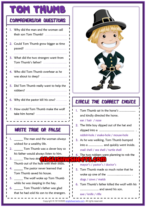 Tom Thumb ESL Reading Comprehension Questions Worksheet