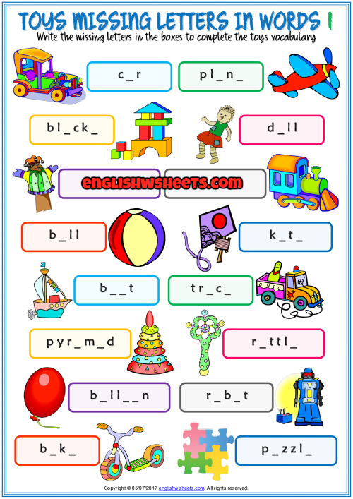 Toys ESL Missing Letters In Words Exercise Worksheets