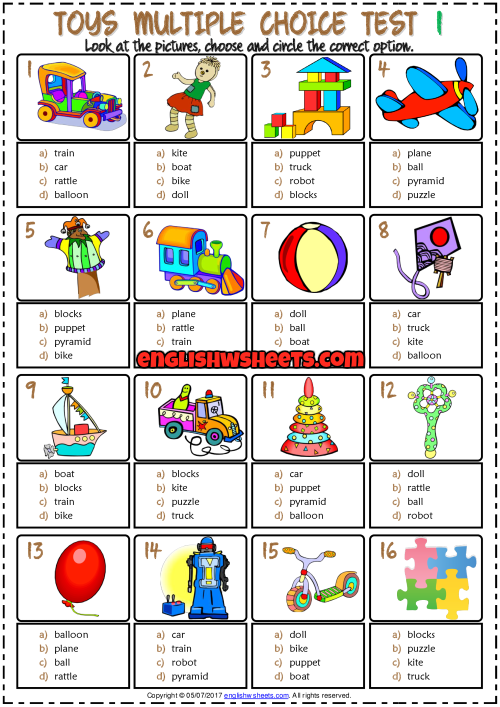 Toys ESL Printable Multiple Choice Tests for Kids