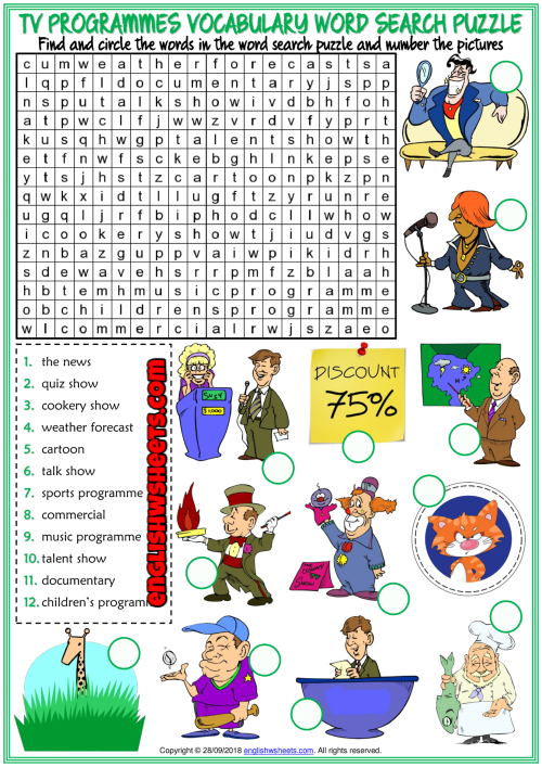 TV Programmes ESL Word Search Puzzle Worksheet For Kids