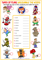 Types of Films ESL Printable Unscramble the Words Worksheet