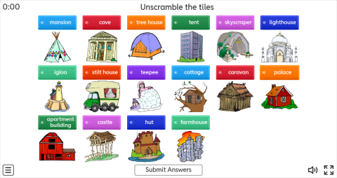 Types of Houses ESL Interactive Unscramble Worksheet