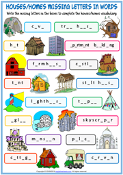 Types of Houses Missing Letters In Words Exercise Worksheet